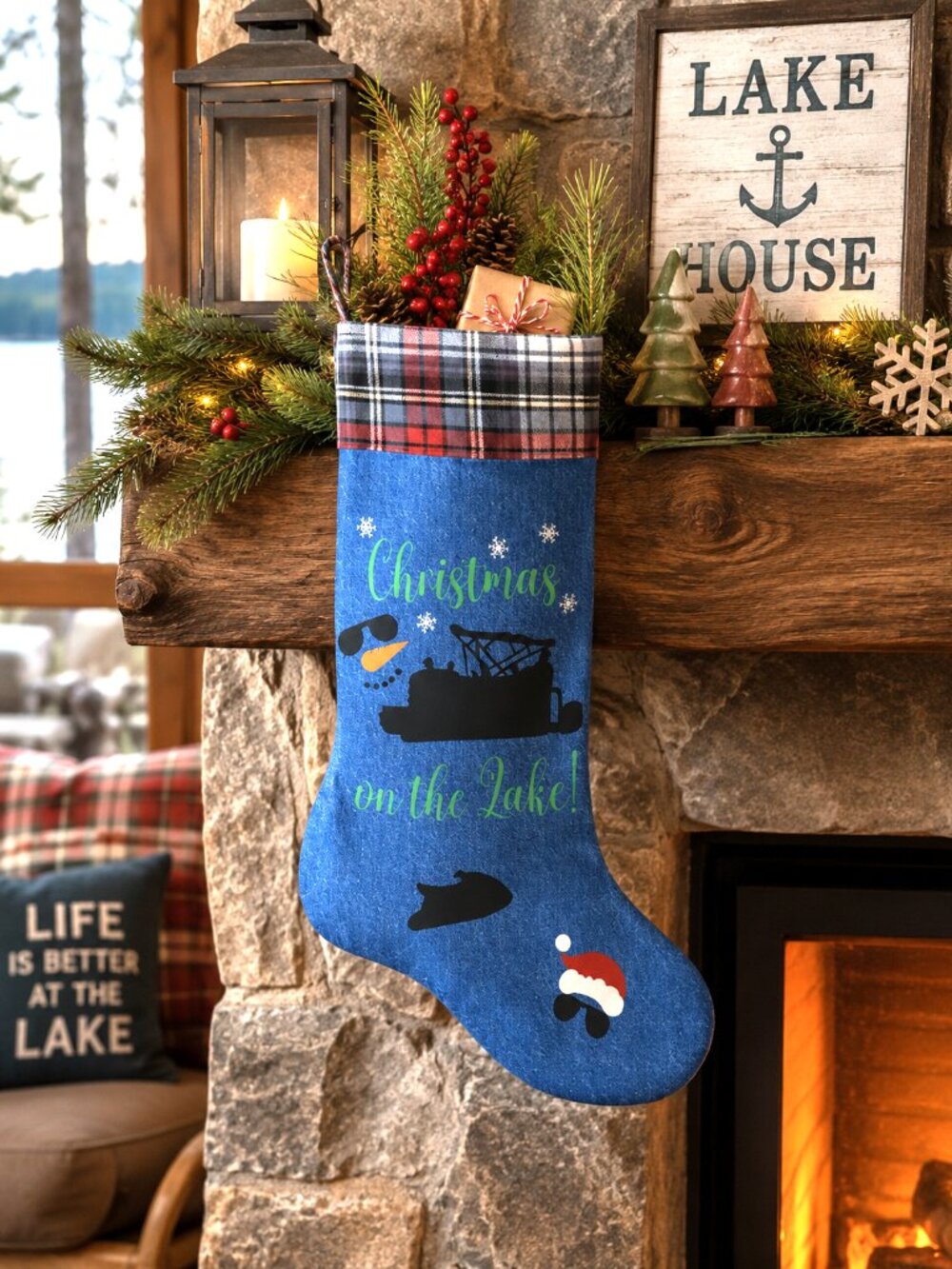Denim Christmas Stocking Lake House Fishing Decor Pontoon Boat Jet Ski Graphic